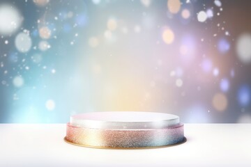 3D Podium with background soft bokeh, podium for product presentation, geometric shape for product display presentation, stage showcase, promotion display, Christmas, New year.