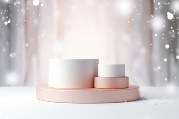 3D Podium with background soft bokeh, podium for product presentation, geometric shape for product display presentation, stage showcase, promotion display, Christmas, New year.