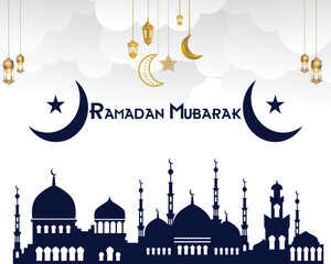  Ramadan kareem decorative moon with hanging lamps design. Ramadan kareem with arabic calligraphy, crescent moon, traditional and Islamic ornamental. Black and white Ramdan kareem. Ramadan elebration.
