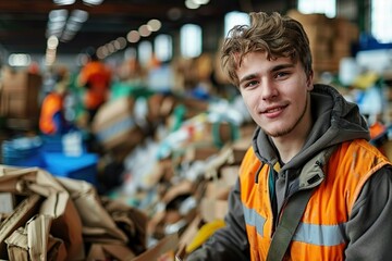 Promoting Sustainability Young Worker in Protective Vest and Gloves, Engaged in Cardboard Recycling at a Busy Garbage Sorting Center