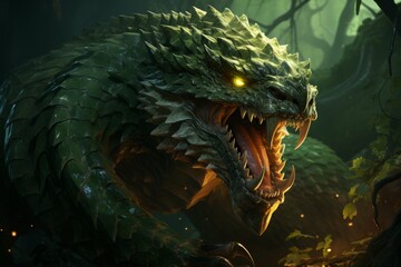 Monstrous fantasy creature resembling large green snake, adorned with razor-sharp teeth and glowing yellow eyes
