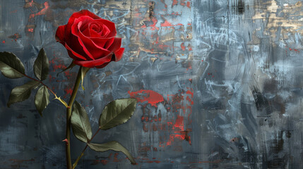 A vibrant red rose pops against a textured grunge wall.