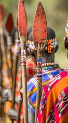 Close-up of Masai warrior in vibrant and colorful traditional attire in arid land of Kenya. Masai warrior personifying the strength, tradition and resilience of his people.