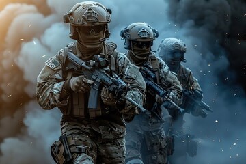 Naklejka premium Future Warfare Dynamics Special Forces Execute Precision Mission with Advanced Team Tactics, Illustrating Evolved Military Concepts.