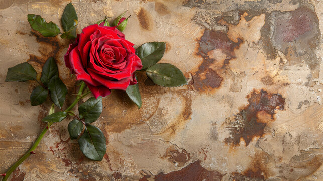 A vibrant red rose pops against a brown textured grunge wall.