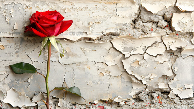 A vibrant red rose pops against a white textured cracked grunge wall.