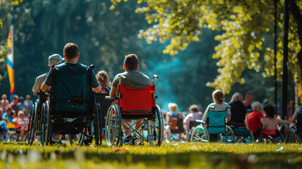 Inclusive Outdoor Concert in the Park: Wheelchair Users Enjoying Music with Friends and Community...