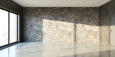 An empty room with a door and a brick wall 3d render illustration