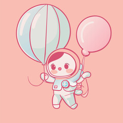 flying astronauts playing air balloon with space, sticker, clean white background, t-shirt design, graffiti, vibrant, vector illustration kawaii