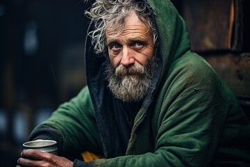 old homeless man in a hoodie - obrazy, fototapety, plakaty