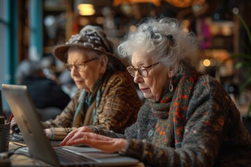 Fototapeta premium An older couple deeply engaged with a laptop at a trendy cafe setting