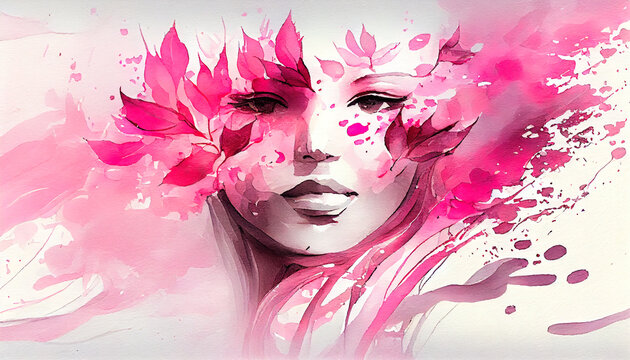 Watercolor festive background with flowers and a girl. AI generated