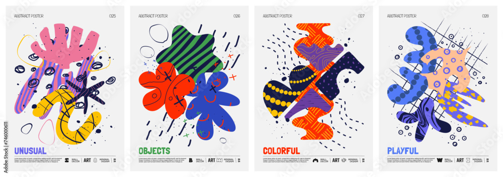 Poster colorful vector minimalistic posters with bizarre abstract geometric unusual shapes and forms with d