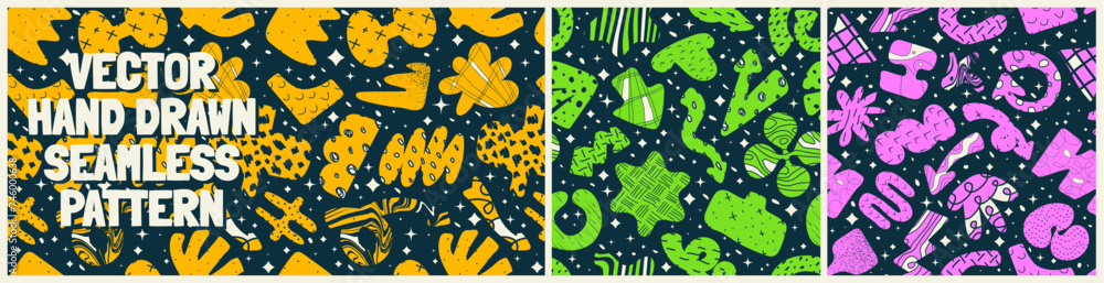 Aufkleber seamless pattern with bizarre abstract geometric unusual shapes and forms with different textures, v