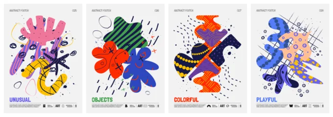 Fotobehang Colorful vector minimalistic Posters with bizarre abstract geometric unusual shapes and forms with different textures in matisse style, Hand drawn modern wall art with aesthetic naive figures, set 7 © max_776