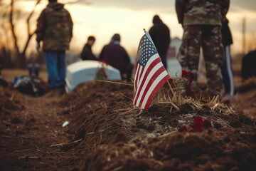 American flag by fresh grave at military funeral, with soldiers and mourners in the background. - obrazy, fototapety, plakaty