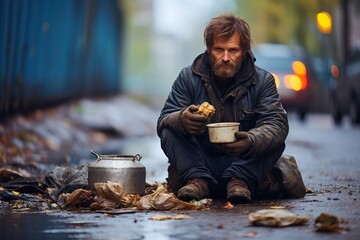 homeless man on the street eating bread - obrazy, fototapety, plakaty
