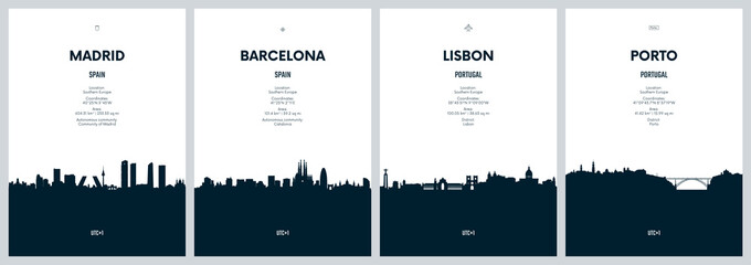 Travel vector set with city skylines Madrid, Barcelona, Lisbon, Porto, detailed city skylines minimalistic graphic artwork