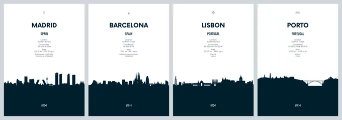 Fotobehang Travel vector set with city skylines Madrid, Barcelona, Lisbon, Porto, detailed city skylines minimalistic graphic artwork © max_776