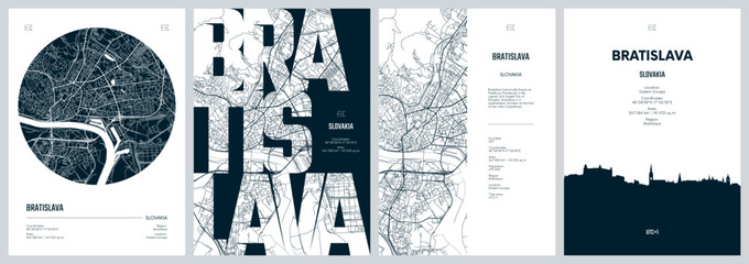 Set of travel posters with Bratislava, detailed urban street plan city map, Silhouette city skyline, vector artwork