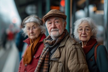 An endearing group of three elderly friends waiting together at a train station, dressed in warm tones