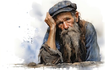 old homeless man on the street, illustration - obrazy, fototapety, plakaty