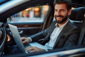 In the Heart of Luxury A Handsome Businessman Proficiently Working on His Laptop Computer While Comfortably Seated in a High-End Car.