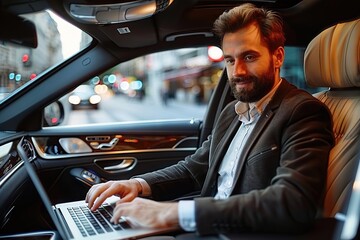 In the Heart of Luxury A Handsome Businessman Proficiently Working on His Laptop Computer While Comfortably Seated in a High-End Car.