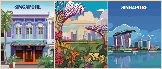 Set of Travel Destination Posters in retro style. Singapore, Southeast Asia travel prints. Exotic summer vacation, international holidays concept. Vintage vector colorful illustrations. - obrazy, fototapety, plakaty