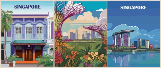 Tuinposter Set of Travel Destination Posters in retro style. Singapore, Southeast Asia travel prints. Exotic summer vacation, international holidays concept. Vintage vector colorful illustrations. © Creative_Juice_Art