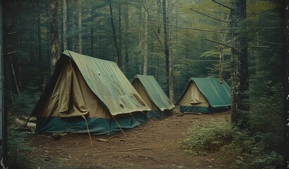 Three vintage canvas tents set up in a lush green forest exude a sense of adventure and nostalgia for classic camping experiences