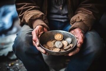 homeless man on the street begging for coins - obrazy, fototapety, plakaty
