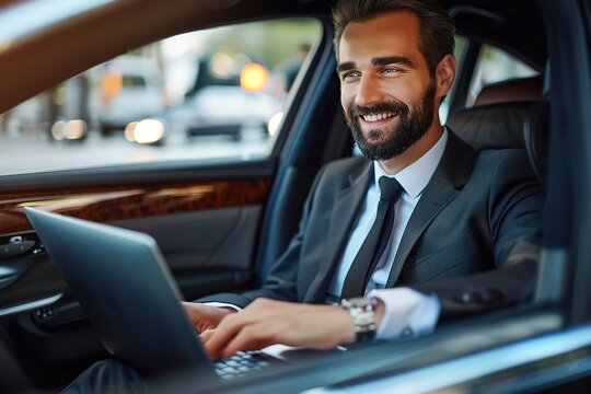 In the Heart of Luxury A Handsome Businessman Proficiently Working on His Laptop Computer While Comfortably Seated in a High-End Car.