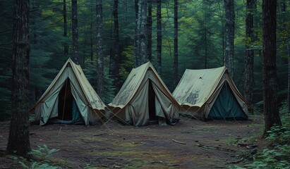 In the tranquility of the woods, two neatly set up camping tents mirror one another, suggesting peaceful outdoor living