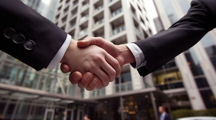 Successful Business Professionals Celebrating Firm Handshake Agreement in Front of Modern Office Building