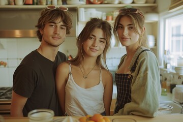 A group of three youthful friends smiling together, gathered in a warm, sunlit kitchen environment