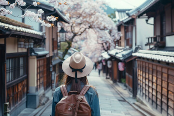 Naklejka premium Solo Traveler Walking Through Cherry Blossom Lined Street