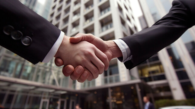 Successful Business Professionals Celebrating Firm Handshake Agreement in Front of Modern Office Building