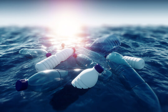 Concept plastic in the ocean, plastic bottles floating in the ocean, plastic waste, human heritage, pollution. 3D rendering, Copy space