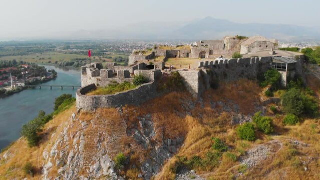 Aerial panoramic of medieval Rozafa Castle or Shkoder Castle in Shkoder