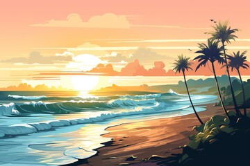 Fototapeta na wymiar palm trees on the shore, illustration