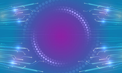 Vector illustration of circuit board and circles. Abstract futuristic communication. Hi-tech blue background with various technology elements.