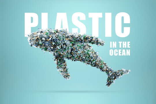 Concept plastic in ocean, huge whale composed of plastic bottles and garbage on blue background, plastic waste, humanity heritage, pollution. 3D rendering, Copy space