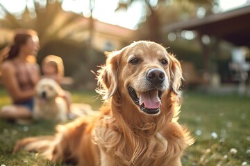 Golden Hour Bliss A Joyful Family and Their Adorable Golden Retriever Dog Playing Together on a Beautiful Backyard Lawn.