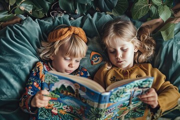 Children's reading a book together. International Children's Book Day