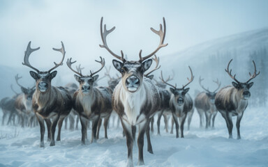 herd of reindeer on a pasture in the tundra