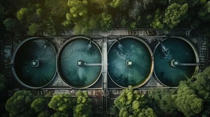 Aerial View of Industrial Water Treatment Tanks Surrounded by Trees - obrazy, fototapety, plakaty