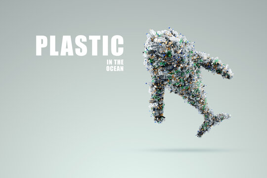 Concept plastic in ocean, huge whale composed of plastic bottles and garbage on light background, plastic waste, humanity heritage, pollution. 3D rendering, Copy space