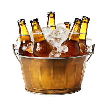 Cold bottles of beer in bucket with ice