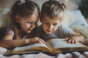 Children's reading a book together. International Children's Book Day